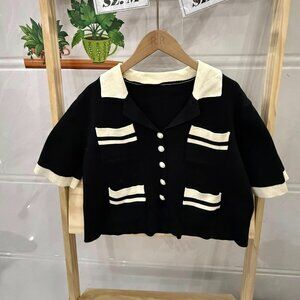 🖤 Black Cream Contrast Trim Knit Jacket Chic Bouclé Style Top
